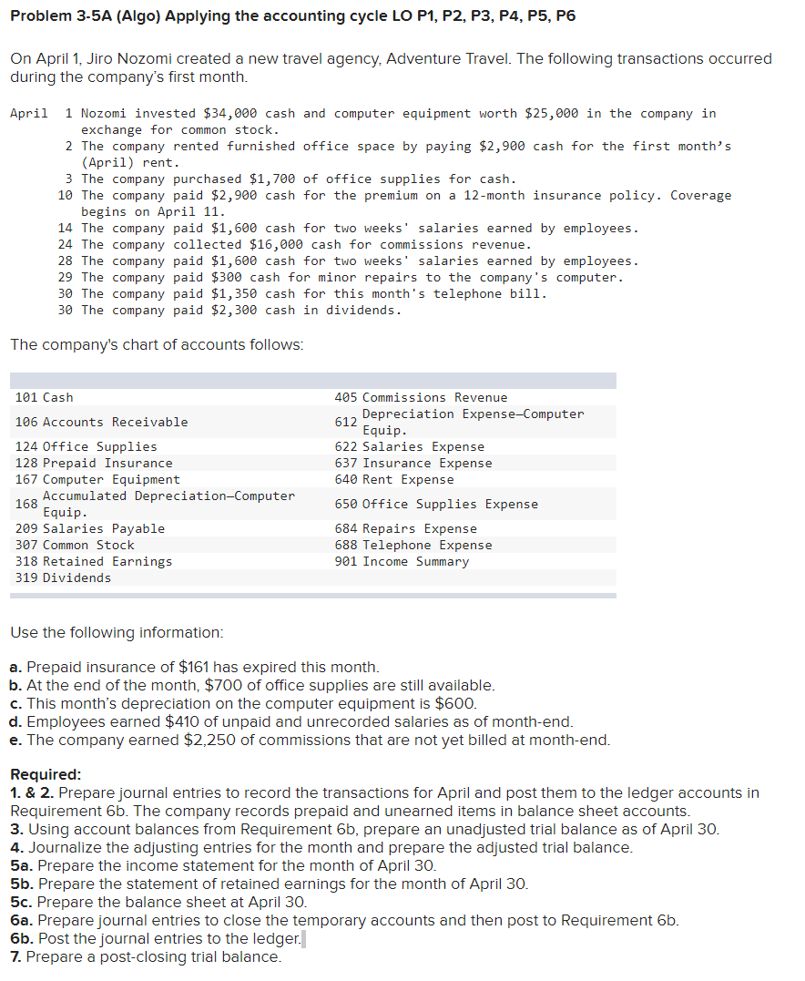 Solved Problem 3 5A Algo Applying The Accounting Cycle LO Chegg