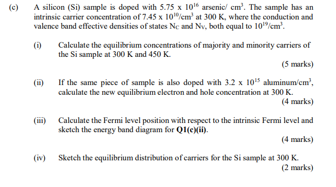 Solved C A Silicon Si Sample Is Doped With 5 75 X 1016 Chegg