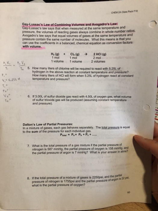 Solved CHEM 2A Class Pack F18 Gay Lussac S Law Of Combining Chegg