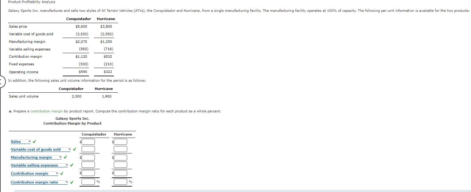 Solved Product Profitability Analysis Galaxy Sports Inc Chegg