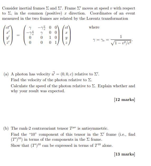 Solved Consider Inertial Frames And I Frame S Moves At Chegg