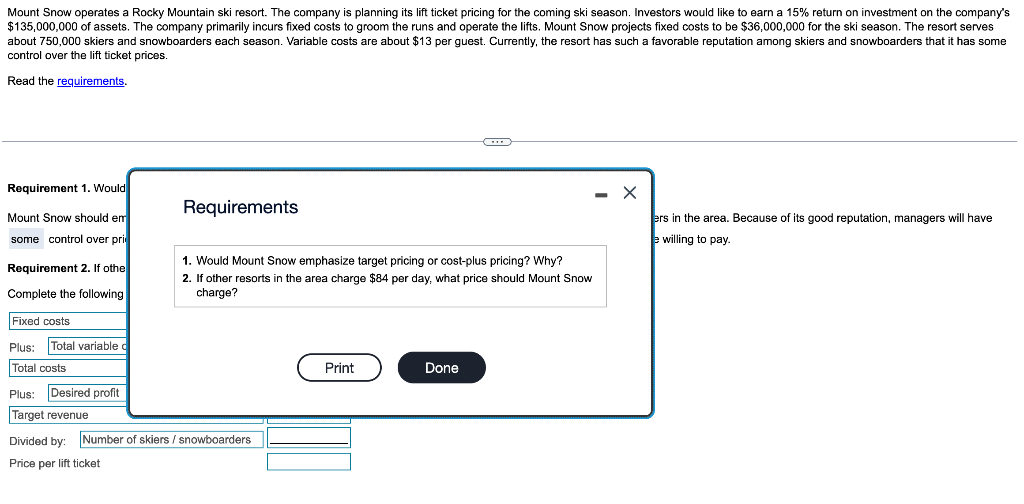 Solved Mount Snow Operates A Rocky Mountain Ski Resort The Chegg
