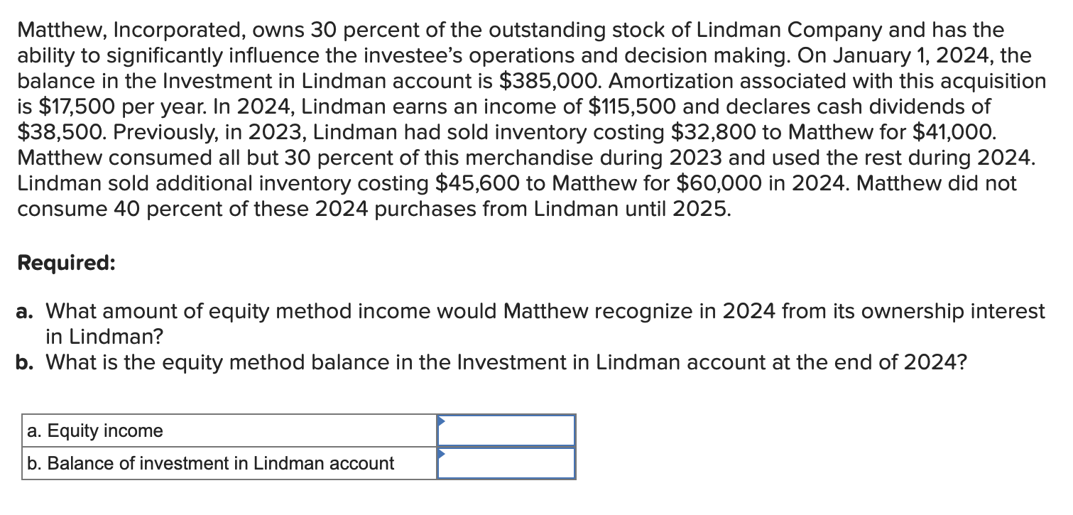 Solved Matthew Incorporated Owns Percent Of The Chegg