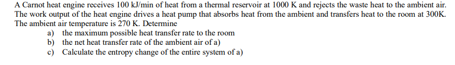 Solved A Carnot Heat Engine Receives 100 KJ Min Of Heat From Chegg