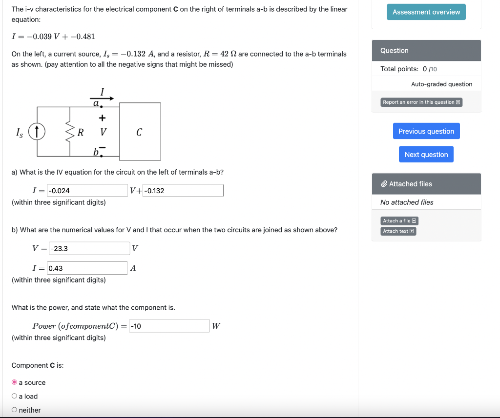 Solved The I V Characteristics For The Electrical Component Chegg