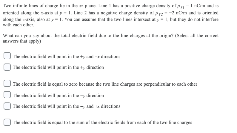 Solved Two Infinite Lines Of Charge Lie In The Xz Plane Chegg