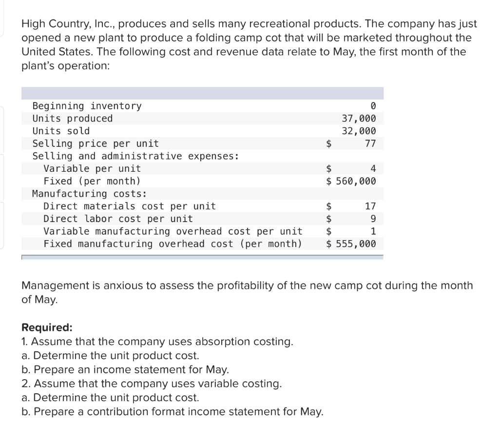 Solved High Country Inc Produces And Sells Many Chegg