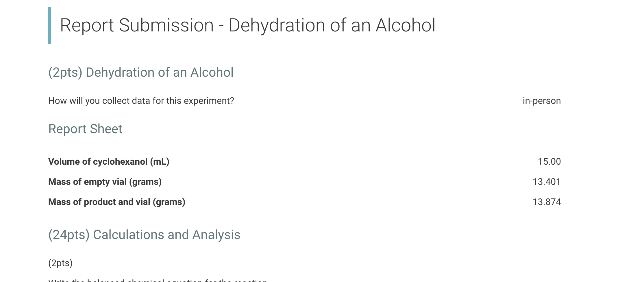 Solved Report Submission Dehydration Of An Alcohol Pts Chegg