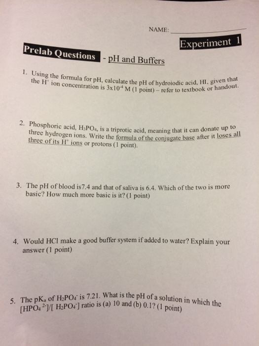 Solved Name Experiment Prelab Questions Pli And Buffers Chegg