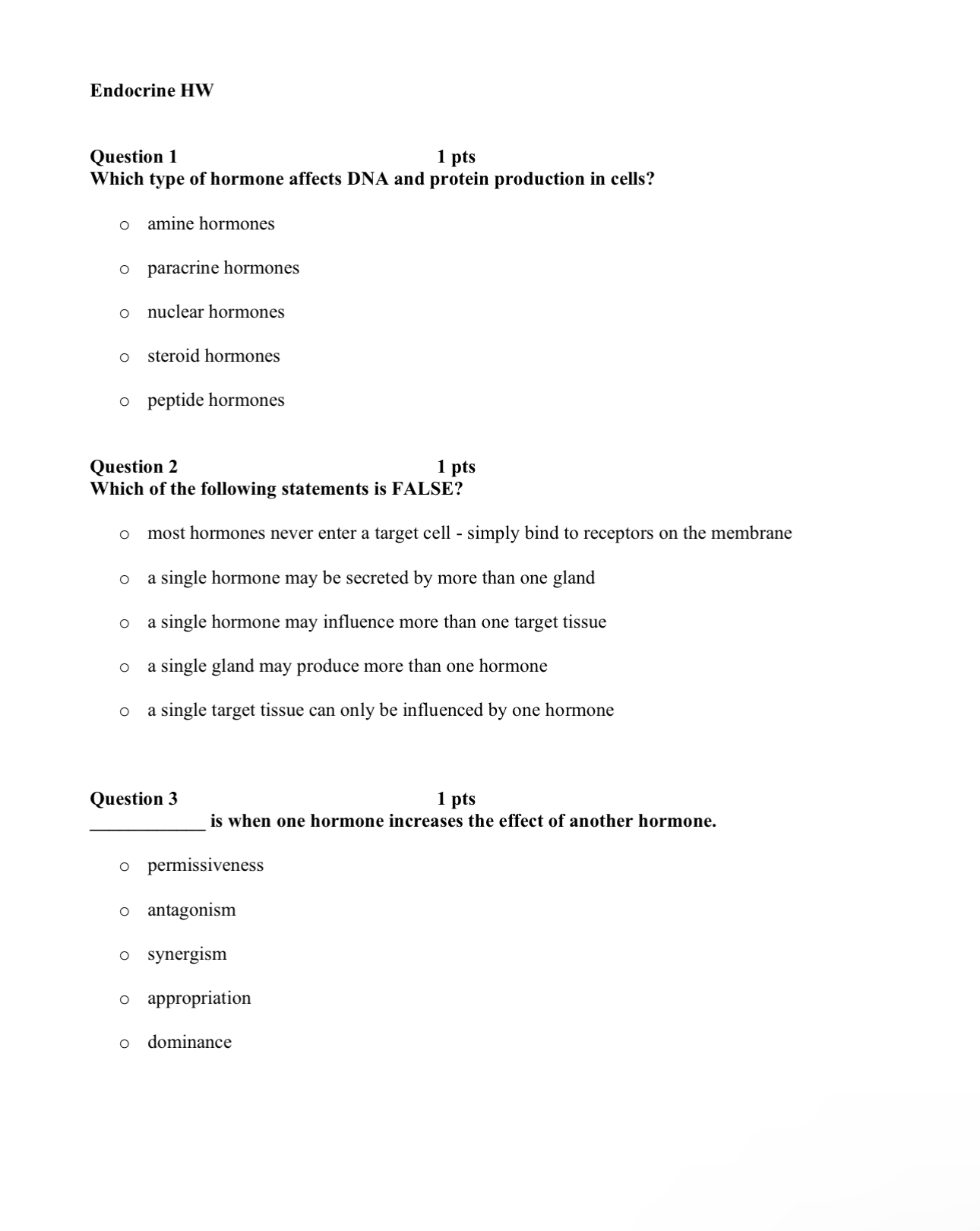 Solved Endocrine Hwquestion Ptswhich Type Of Hormone Chegg