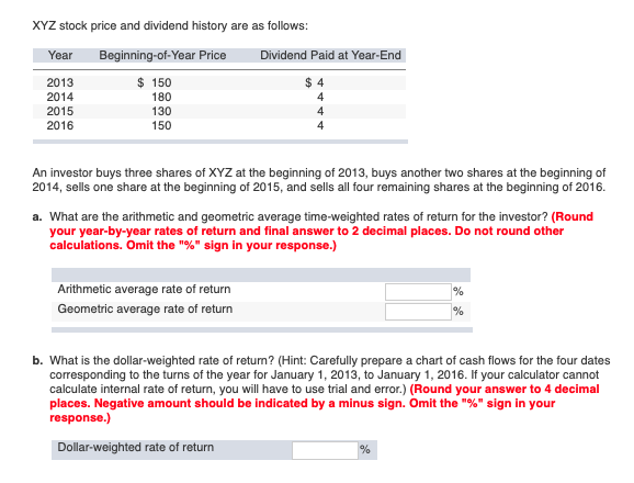 Solved XYZ Stock Price And Dividend History Are As Follows Chegg