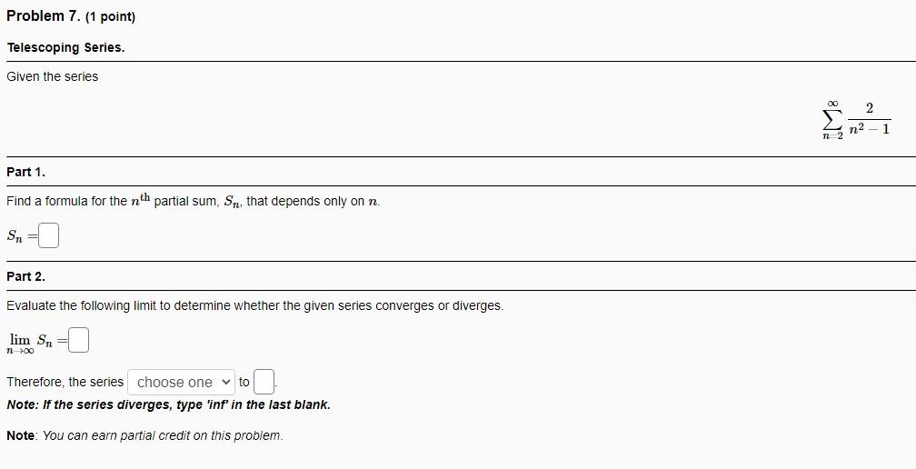 Solved Problem 7 1 Point Telescoping Series Given The Chegg