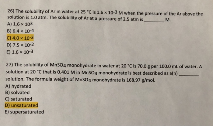 Solved The Solubility Of Ar In Water At C Is X Chegg