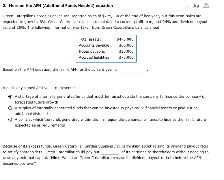 Solved More On The Afn Additional Funds Needed Equation Chegg