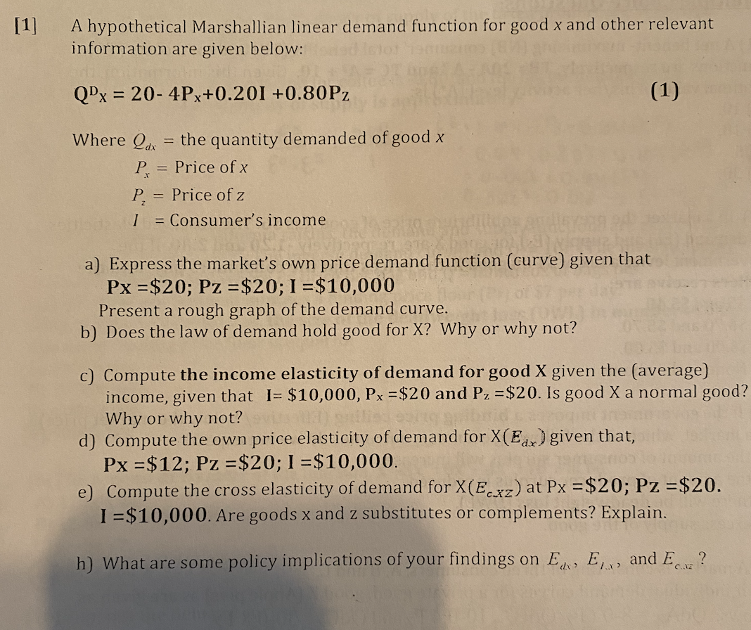 Solved 1 A Hypothetical Marshallian Linear Demand Function Chegg