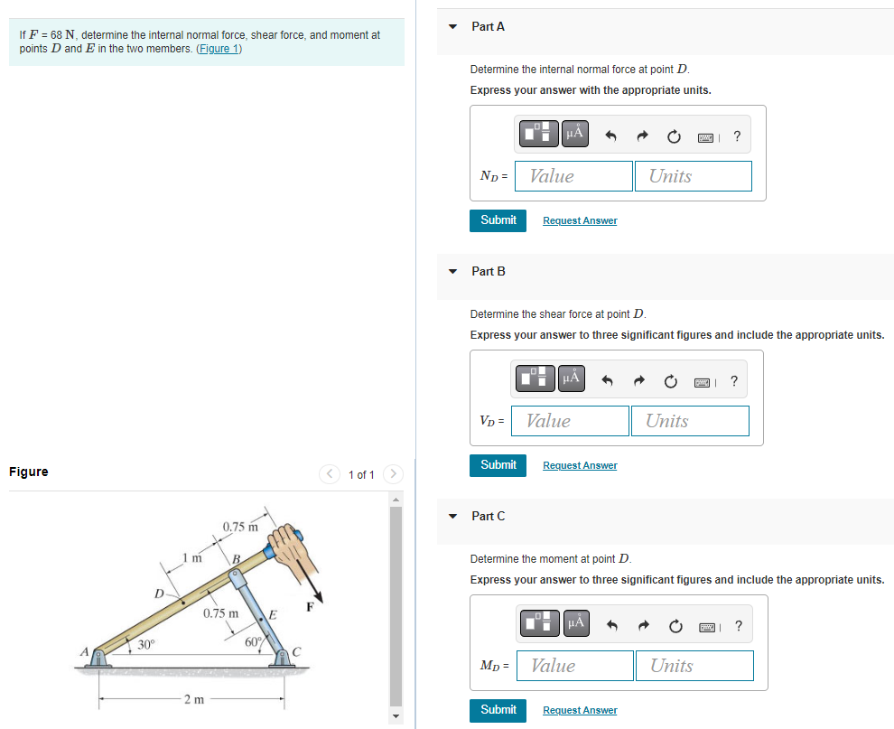 Solved If F 68 N Determine The Internal Normal Force Shear Chegg