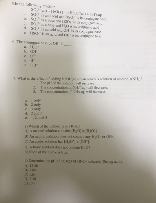 Solved 5 In The Following Reaction SOs Aq HO HSO Aq Chegg