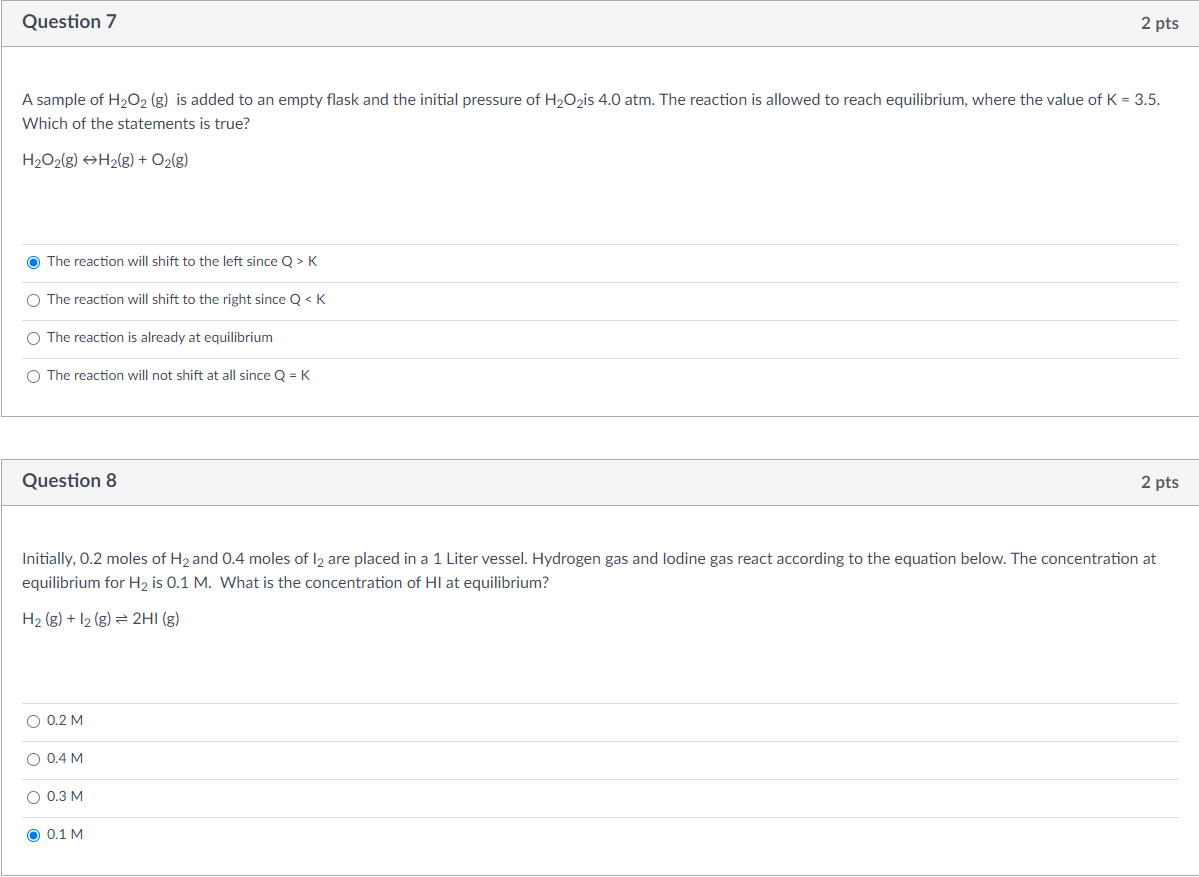 Solved Question 7 2 Pts A Sample Of H2O2 G Is Added To An Chegg