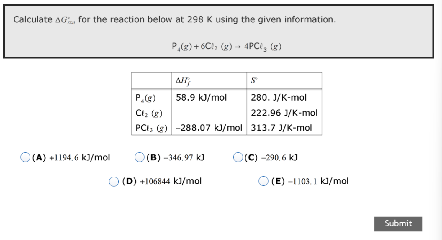 Solved Calculate ΔGrxn for the reaction below at 298 K Chegg