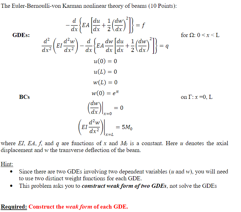 Solved The Euler Bernoulli Von Karman Nonlinear Theory Of Chegg