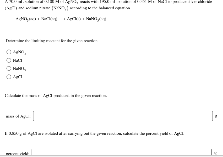 Solved A 70 0 ML Solution Of 0 100 M Of AgNO3 Reacts With Chegg