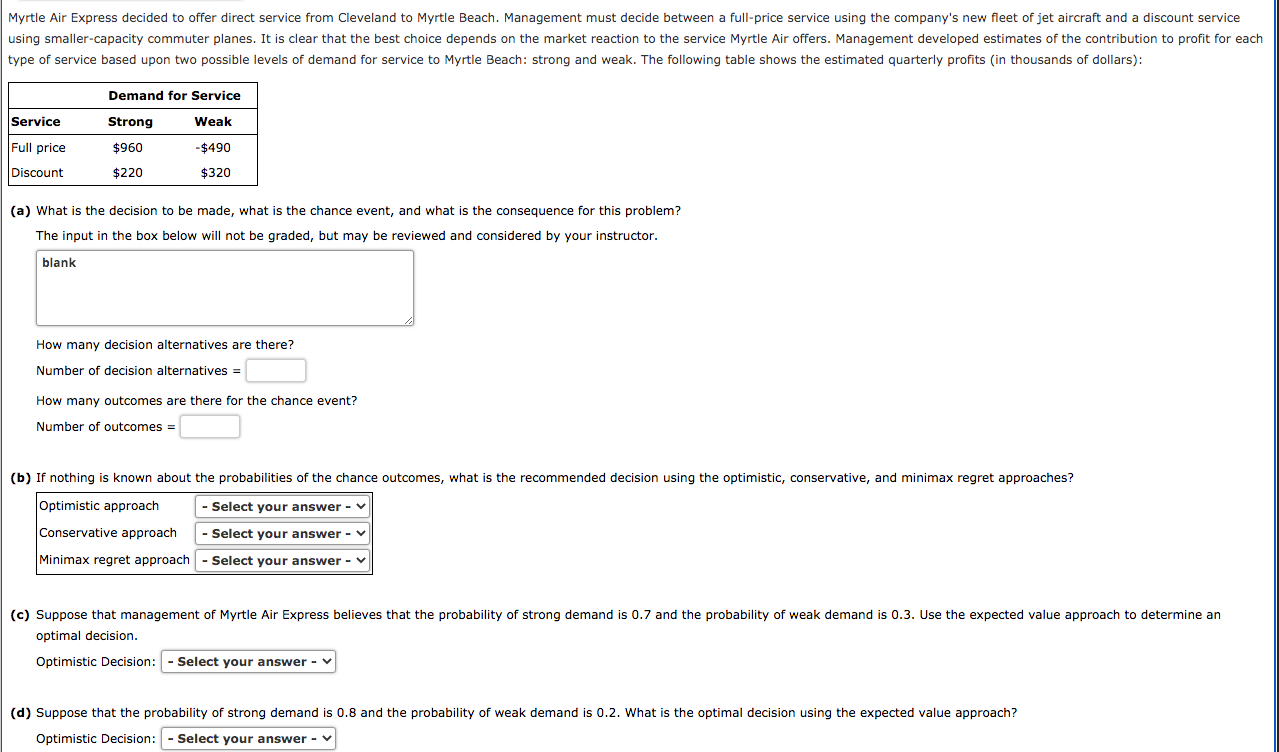 Solved Myrtle Air Express Decided To Offer Direct Service Chegg
