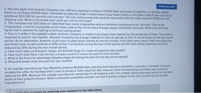Solved Check My Work Assume Again That Andretti Company Chegg