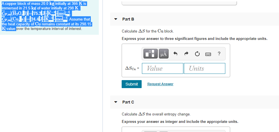 Solved A Copper Block Of Mass 20 0 Kg Initially At 366 Kis Chegg