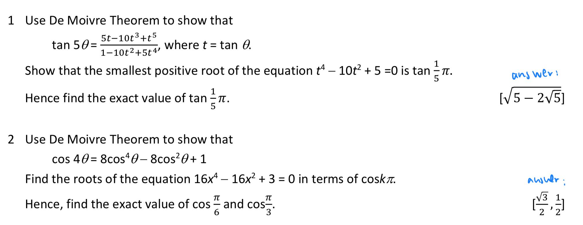 Solved Use De Moivre Theorem To Show That T T T Tan Chegg