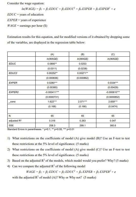 Solved Consider The Wage Equation In Wage B B Educ Chegg