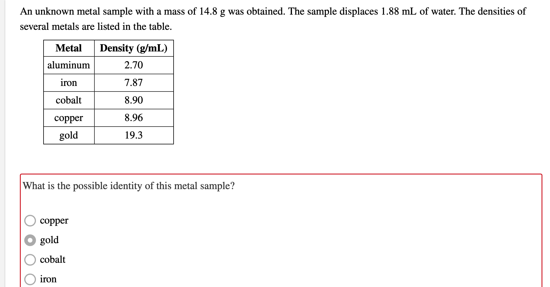 Solved An Unknown Metal Sample With A Mass Of 14 8 G Was Chegg