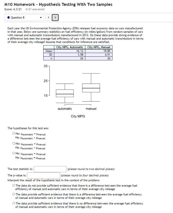 Solved M Homework Hypothesis Testing With Two Samples Chegg