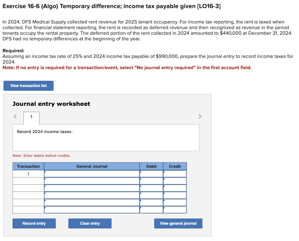 Solved Exercise Algo Temporary Difference Income Chegg