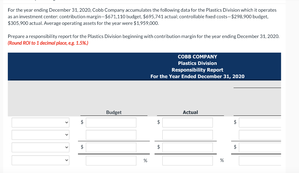 Solved For The Year Ending December Cobb Company Chegg