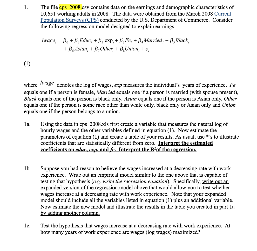 Solved 1 The File Cps 2008 Csv Contains Data On The Chegg