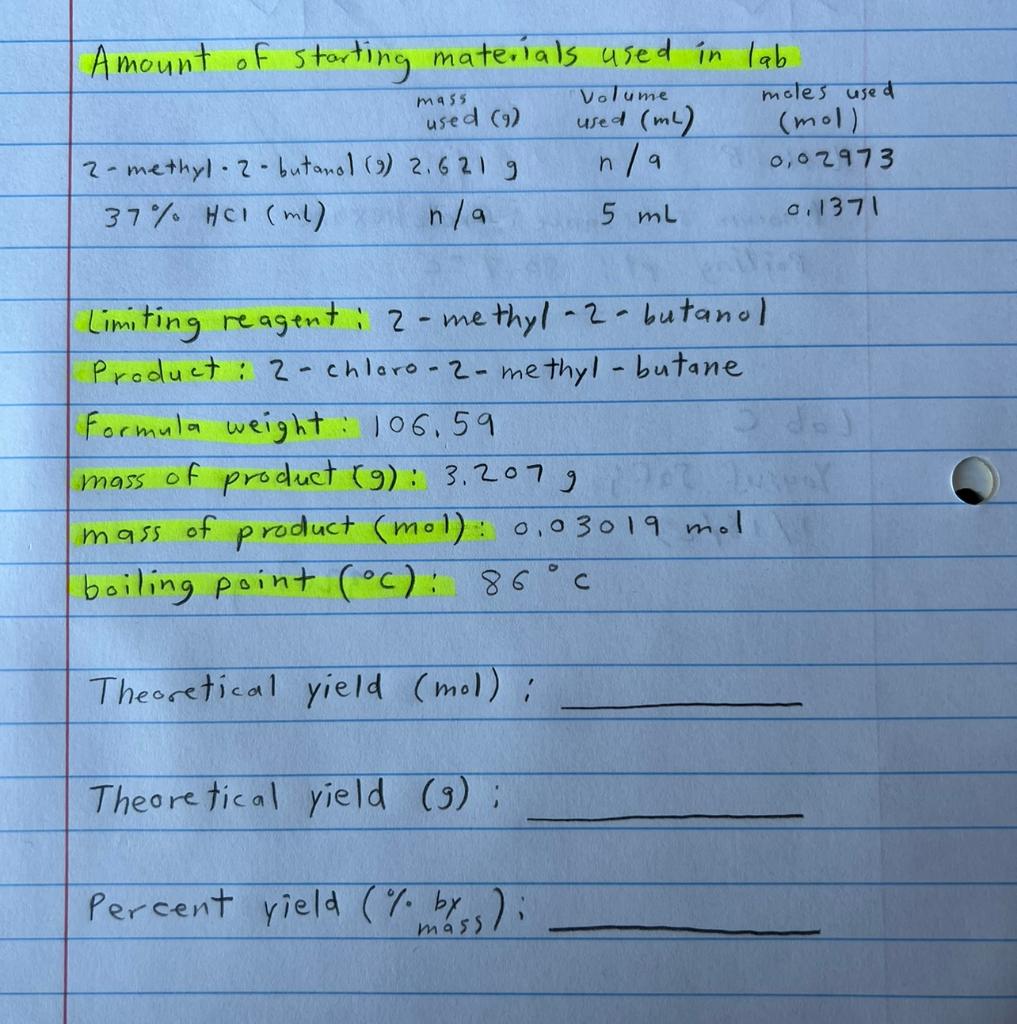 Solved Lab Synthesis Of Tert Pentyl Chloride Please Help Chegg