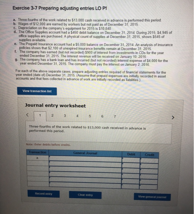 Solved Exercise 3 7 Preparing Adjusting Entries LO P1 A Chegg