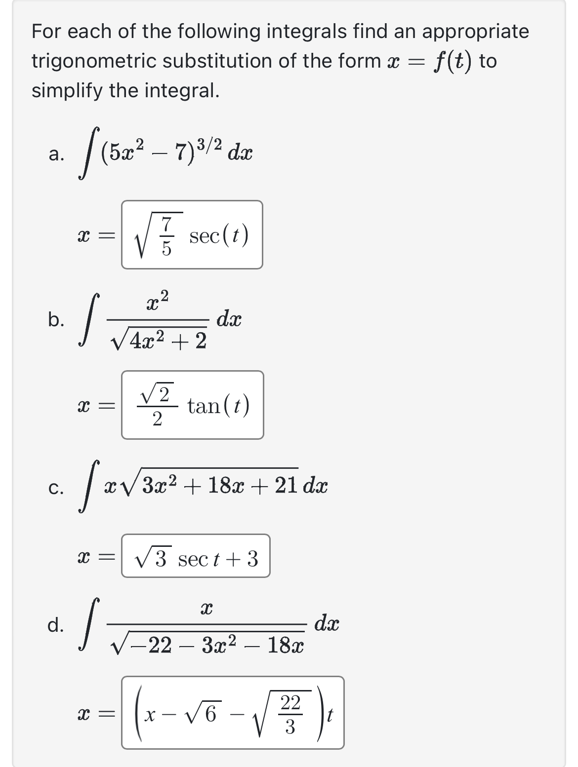 Solved For Each Of The Following Integrals Find An Chegg