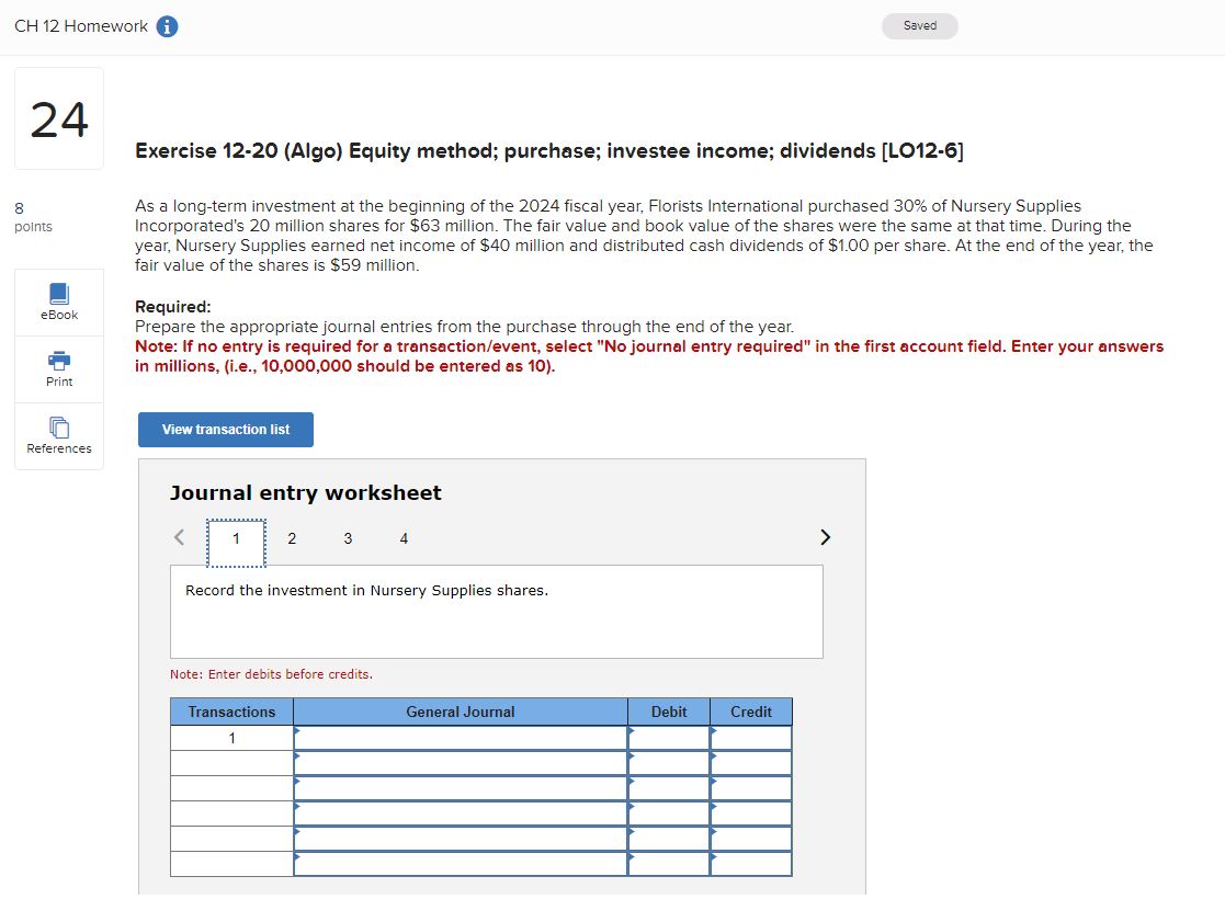 Solved Exercise Algo Equity Method Purchase Chegg