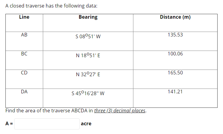 Solved A Closed Traverse Has The Following Data Line Chegg