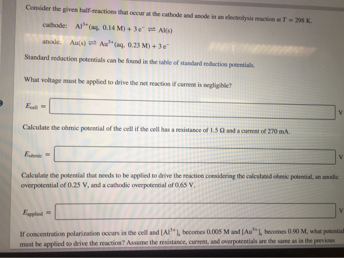 Solved Consider The Given Half Reactions That Occur At The Chegg