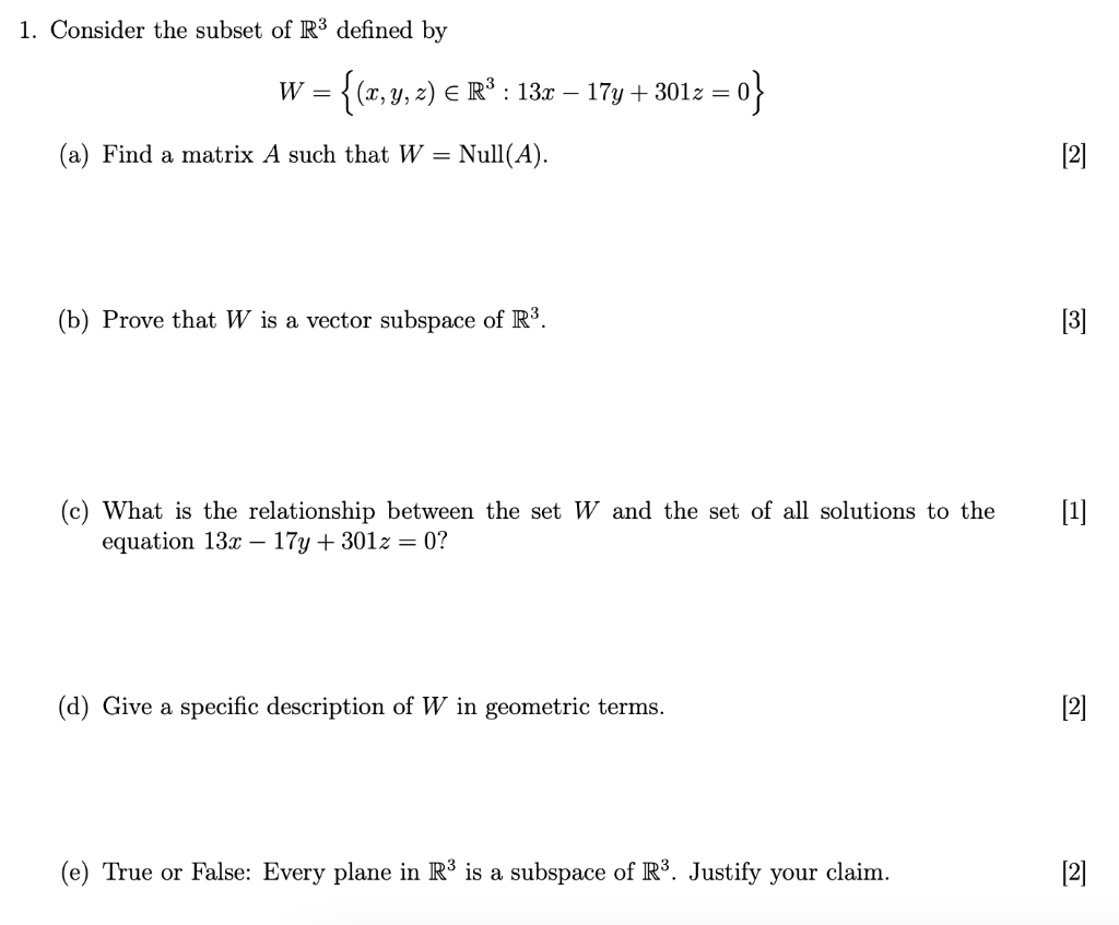 Solved 1 Consider The Subset Of R3 Defined By Chegg