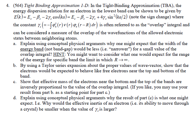 Solved 4 564 Tight Binding Approximation L D In The Chegg