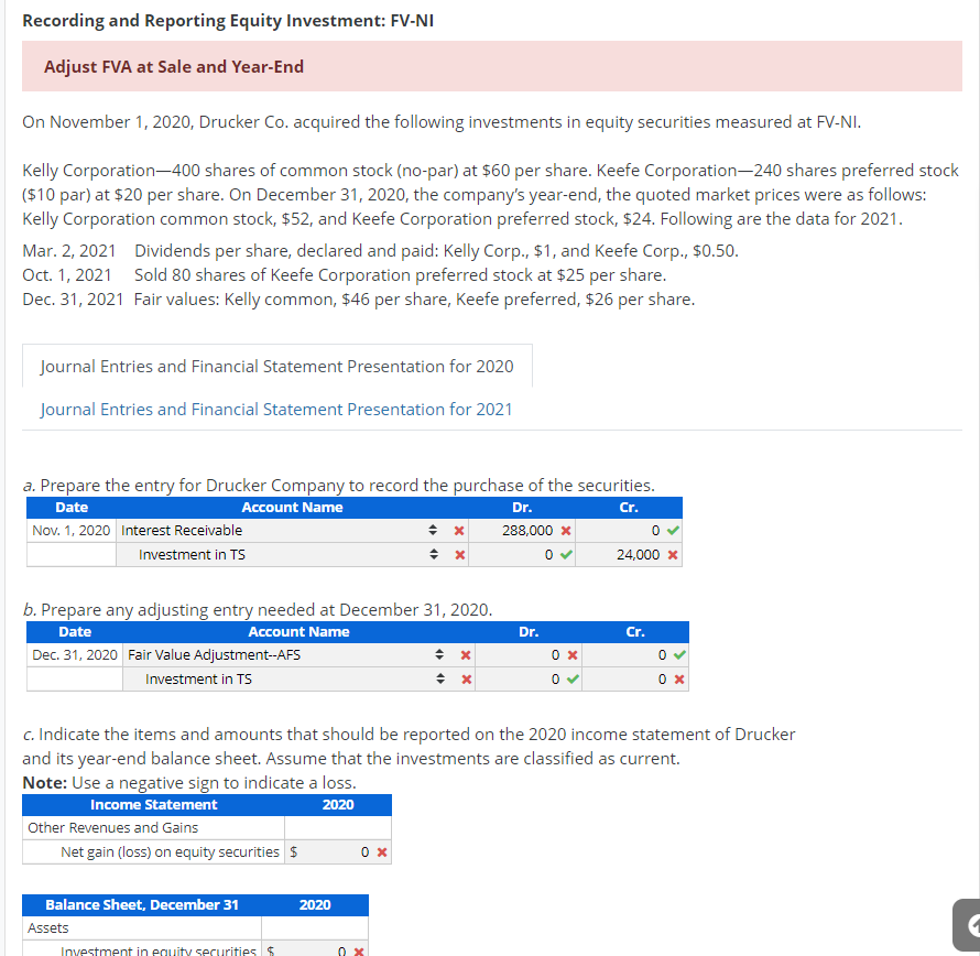 Solved Recording And Reporting Equity Investment Fv Ni Chegg