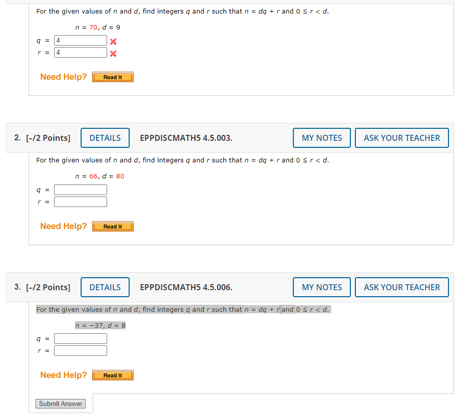 Solved For The Given Values Of N And D Find Integers Q And Chegg