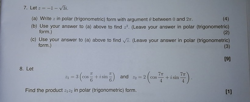 Solved 7 Let Z 1 V3i A Write In Polar Trigonometric Chegg