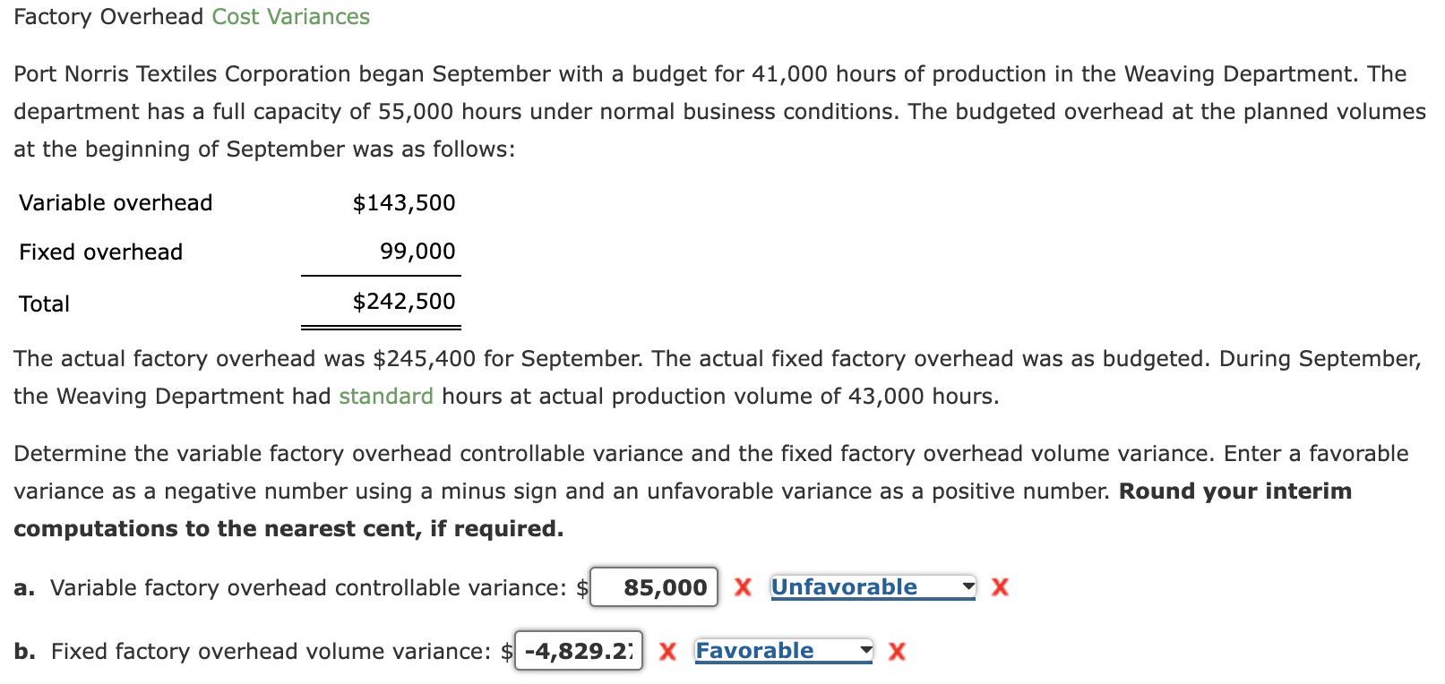 Solved Factory Overhead Cost Variances Port Norris Textiles Chegg