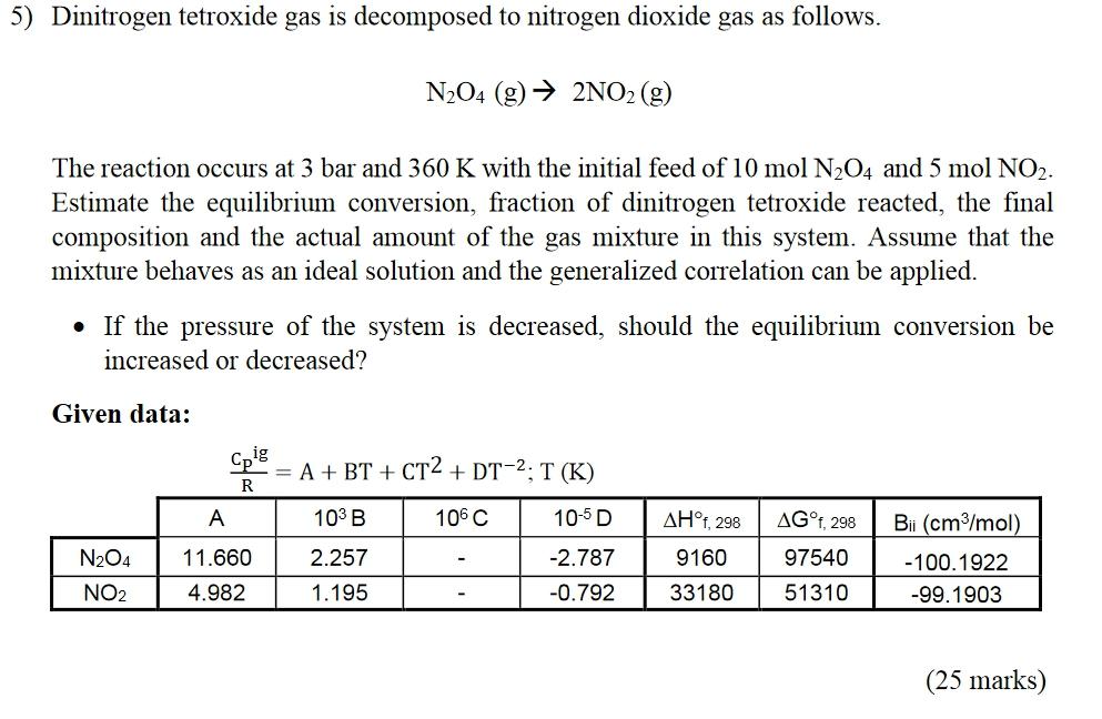 Solved Dinitrogen Tetroxide Gas Is Decomposed To Nitrogen Chegg