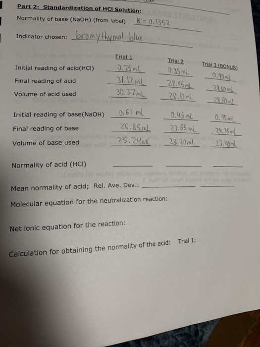 Solved Part 2 Standardization Of HCL Solution Normality Of Chegg