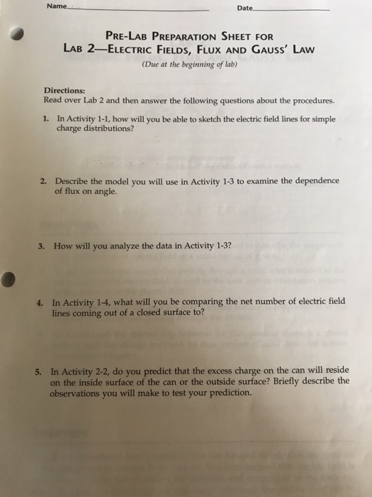 Solved Na Date PRE LAB PREPARATION SHEET FOR LAB 2 ELECTRIC Chegg